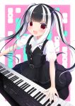  1girl :d bang_dream! bangs belt black_belt black_dress black_hair blunt_bangs blush commentary_request dress hair_bobbles hair_ornament highres instrument keyboard_(instrument) koh_(user_kpcu7748) long_hair looking_at_viewer multicolored_hair music open_mouth pareo_(bang_dream!) pinafore_dress playing_instrument red_eyes shirt short_sleeves smile solo twintails two-tone_hair white_hair white_shirt 