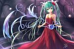  2013 dress flower green_eyes green_hair hair_flower hair_ornament hatsune_miku highres long_hair smile solo twintails very_long_hair vocaloid wangchuan_de_quanyan 