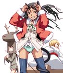  :3 animal_ears bag black_hair blonde_hair blue_legwear bow brown_hair cat_ears choker costume deer dress_shirt erica_hartmann francesca_lucchini gertrud_barkhorn goggles green_eyes green_panties grin hair_ribbon jacket long_hair looking_at_viewer multiple_girls no_pants panties ribbon santa_costume shirt short_hair sleigh smile standing strike_witches striped striped_panties tabigarasu tail thighhighs twintails underwear world_witches_series 