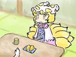  blonde_hair blush cup dress fox_tail hands hat mikashimo multiple_tails open_mouth pink_dress plate short_hair sitting tabard table tail tatami teacup touhou yakumo_ran yellow_eyes 