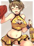  animal_ears bare_shoulders breasts brown_hair cheerleader cleavage cleavage_cutout closed_eyes clothes_writing covered_nipples drunk earrings em fake_animal_ears fang jewelry katou_keiko large_breasts midriff navel no_panties pom_poms pubic_hair pussy short_hair skirt smile solo world_witches_series 