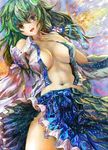  bare_shoulders breasts cleavage detached_sleeves frog_hair_ornament green_eyes green_hair hair_ornament highres kochiya_sanae large_breasts long_hair navel no_bra open_clothes open_mouth skirt smile snake solo syuraime_0 teeth touhou 