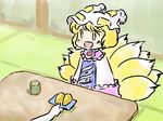  blonde_hair blush cup dress fox_tail hands hat mikashimo multiple_tails open_mouth pink_dress plate short_hair sitting smile tabard table tail tatami teacup touhou yakumo_ran yellow_eyes 