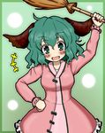  animal_ears arm_up bamboo_broom blush broom dress eruru_(erl) fang frame green_eyes green_hair hand_on_hip highres holding_up kasodani_kyouko lights long_sleeves looking_at_viewer nail_polish open_mouth pink_dress red_nails short_hair smile solo touhou 