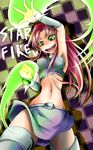  alien armpits bracer breasts checkered checkered_background crop_top dc_comics fire green_eyes green_fire long_hair medium_breasts midriff red_hair sangyou_haikibutsu_(turnamoonright) skirt slender_waist solo starfire teen_titans thighhighs 