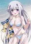  beach bikini denji_saboten inia_sestina long_hair muvluv muvluv_alternative muvluv_total_eclipse purple_eyes silver_hair solo stuffed_animal stuffed_toy swimsuit teddy_bear 