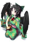  alternate_costume black_hair bow breasts chopsticks dangan_neko floral_print food hair_bow japanese_clothes kimono long_hair medium_breasts mochi obi red_eyes reiuji_utsuho sash seiza simple_background sitting solo third_eye touhou white_background wings zouni_soup 