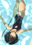  afloat amagami black_hair brown_eyes caustics from_above murasaki_iro nanasaki_ai one-piece_swimsuit short_hair solo swimming swimsuit upside-down water 