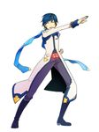 ^_^ blue_hair clenched_hand crise eyes_closed fist full_body kaito male_focus scarf short_hair simple_background solo vocaloid white_background 
