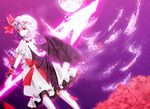  bad_id bad_pixiv_id bat_wings blouse bow cloud dutch_angle flower frills from_behind full_moon hat hat_ribbon kneehighs lavender_hair looking_back moon night petticoat red_eyes remilia_scarlet ribbon rose short_hair skirt sky solo spear_the_gungnir star_(sky) starry_sky touhou uyuu_(hirameki) wings 