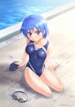  blue_hair competition_swimsuit goggles goggles_removed highres one-piece_swimsuit original pool poolside purple_eyes short_hair swim_cap swimsuit takuya_kame 