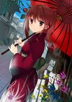  flower japanese_clothes long_hair machimura_komori oriental_umbrella original red_eyes red_hair solo umbrella 