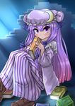  book bow crescent dress frown hair_bow hat highres long_hair looking_at_viewer magic_circle patchouli_knowledge purple_eyes purple_hair rituki_(yumechanlove) robe sitting solo striped striped_dress touhou very_long_hair wooden_floor 