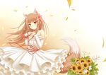  alternate_costume animal_ears blush brown_hair choker dress flower frilled_dress frills hair_flower hair_ornament holo long_hair looking_at_viewer nncat petals red_eyes ribbon smile solo spice_and_wolf sunflower tail wolf_ears wolf_tail 