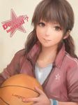  ball basketball brown_eyes brown_hair english fangs gym_uniform jacket light_smile long_hair looking_at_viewer miche original parted_lips realistic revision simple_background sleeves_rolled_up solo star track_jacket wristband 