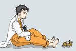  aperture_science_handheld_portal_device barefoot bb_(baalbuddy) black_hair chell chell_(cosplay) cosplay crossover facial_hair glados jumpsuit labcoat okabe_rintarou portal portal_(series) portal_2 potato simple_background spoilers steins;gate stubble 