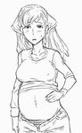  alicia_melchiott bb_(baalbuddy) big_belly blush breasts greyscale headdress large_breasts long_hair monochrome navel open_fly pants pregnant senjou_no_valkyria senjou_no_valkyria_1 sketch solo sweatdrop sweater twintails unzipped 