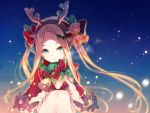  1girl abigail_williams_(fate/grand_order) alternate_costume alternate_hairstyle animal_ears antlers aqua_eyes arms_at_sides bangs bear_hair_ornament bell blonde_hair blue_sky bow breasts breath capelet christmas closed_mouth commentary_request expressionless fake_animal_ears fate/grand_order fate_(series) forehead fur-trimmed_capelet fur_trim gradient_sky green_bow hair_bow hair_ornament hairband head_tilt light_particles long_hair looking_at_viewer miwabe_sakura navel parted_bangs red_bikini_top red_bow red_capelet reindeer_antlers santa_costume sidelocks sky small_breasts solo twintails upper_body 