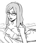  ailyth ass bare_shoulders bb_(baalbuddy) beach_towel breasts butt_crack cleavage greyscale jitome large_breasts lineart long_hair lying monochrome on_stomach solo strapless sunglasses towel valkyrie_profile 