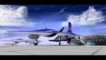  ace_combat_3 aircraft airplane ara_(ara_13b) blue_sky building cloud emblem fighter_jet hangar highres jet landing_gear letterboxed military military_vehicle neucom_incorporated no_humans r-101_delphinus_i r-102_delphinus_ii r-103_delphinus_iii science_fiction sky 