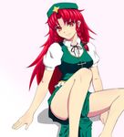  beret blush braid breasts chinese_clothes hat hong_meiling long_hair medium_breasts red_eyes red_hair ribbon sabote sitting skirt smile solo star tangzhuang touhou twin_braids 