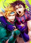  black_hair blonde_hair blue_eyes caesar_anthonio_zeppeli facial_mark feathers fingerless_gloves gloves green_eyes green_jacket hair_feathers headband jacket jojo_no_kimyou_na_bouken joka_(night_gate) joseph_joestar_(young) midriff multiple_boys ribbon scarf 