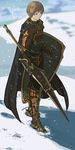  armor bad_id bad_pixiv_id cape defender_(elona) elona greaves harusame_(rueken) lance male_focus pauldrons polearm shield snow solo spear weapon 