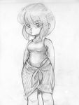  chibi ghost_in_the_shell greyscale kusanagi_motoko monochrome one-piece_swimsuit sarong sketch solo swimsuit traditional_media womu 