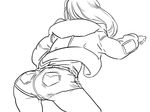  ass bb_(baalbuddy) from_behind greyscale hood hoodie leaning_forward lineart long_hair monochrome open_clothes open_hoodie sacred_seven short_shorts shorts solo sp_(sacred_seven) 