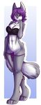  aimi anthro bra breasts canine cleavage clothed clothing digitigrade female fur grey_fur hair hindpaw jess_(teckly) lingerie looking_at_viewer mammal nipples panties paws purple_eyes purple_hair pussy solo standing toes underwear wolf 
