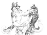  anthro back balls blotch butt canine canine_penis dog duo erection gay handjob husky knot male mammal monochrome nipples nude penis plain_background sex standing tongue tongue_out white_background 