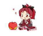  apple baby blush bow brown_eyes dress drooling food fruit hair_bow heart komaku_juushoku long_sleeves magical_girl mahou_shoujo_madoka_magica open_mouth oversized_clothes ponytail red_dress red_hair sakura_kyouko simple_background sitting skirt solo white_background younger 