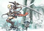  armor blonde_hair cocoaore dual_wielding gauntlets greaves green_eyes holding long_hair original skirt solo sword weapon 