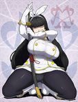  1girl angry black_eyes black_hair boots breasts coat fairy_tail gloves gogyoo_hiroshi headband highres huge_breasts kagura_mikazuchi kneeling long_hair pantyhose ribbon see-through skirt spread_legs sword weapon 