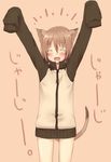  animal_ears arms_up blush cat_ears cat_tail closed_eyes copyright_request flat_chest highres majima_yuki open_mouth short_hair simple_background sleeves_past_wrists smile solo tail 