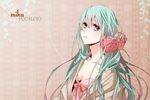  aqua_hair bad_id bad_pixiv_id blue_eyes breasts cleavage collarbone flower hair_flower hair_ornament haruma_(high_drop) hatsune_miku long_hair medium_breasts nose solo vocaloid 