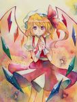  blonde_hair crystal dress flandre_scarlet hands_together hat hat_ribbon own_hands_together red_eyes ribbon solo touhou traditional_media tsuru watercolor_(medium) wings wrist_cuffs 