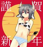  animal_ears animal_print black_hair copyright_request cow_ears cow_print cow_tail flat_chest highres horns majima_yuki new_year panties red_eyes short_hair solo striped striped_panties tail underwear 