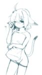  animal_ears cat_ears cat_tail copyright_request flat_chest highres majima_yuki monochrome panties panty_pull short_hair simple_background solo tail underwear white_background 
