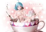  ahoge anklet bad_id bad_pixiv_id barefoot blue_hair breasts chocolate chocolate_heart covering feet food hair_ornament hairpin heart highres hot_chocolate ice_cream jewelry kawacy large_breasts legs navel nude original red_eyes short_hair sitting solo valentine 