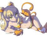  1girl :p animal_costume animal_ears armlet artist_request bare_shoulders blonde_hair costume fake_animal_ears fake_tail female idolmaster idolmaster_cinderella_girls jougasaki_rika long_hair lying paws re~men simple_background solo striped striped_legwear tail thighhighs tongue tongue_out white_background 