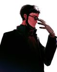  adjusting_eyewear beard facial_hair glasses gloves hosaka_dx ikari_gendou male_focus neon_genesis_evangelion profile solo white_background 