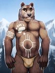  balls bear biceps bodypaint brown_fur bulge chubby claws clothed clothing crotch_bulge flaccid fur grizzly_bear half-dressed loincloth looking_at_viewer male mammal mountain muscles pecs penis pose skimpy solo speedo standing swimsuit tattoo toned topless tribal tsaiwolf yellow_eyes 