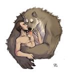  biceps brown_hair canine cbh chest_tuft couple embrace fur gay hair hairy human human_on_anthro interspecies licking male mammal muscles saliva size_difference tongue transformation tuft were werewolf 