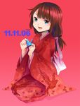  bad_id bad_pixiv_id blue_eyes brown_hair copyright_request dated japanese_clothes kimono long_hair open_mouth origami seiza shimoe sitting solo 