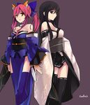  animal_ears bad_id bad_pixiv_id bare_shoulders black_eyes black_hair black_legwear blue_legwear bow breasts cleavage detached_sleeves eien_no_aselia eternity_sword_series fate/extra fate_(series) fox_ears fox_tail hair_bow hair_ribbon highres long_hair look-alike medium_breasts multiple_girls narukana_(seinarukana) obi pink_hair ribbon ribbon-trimmed_legwear ribbon_trim sash seinarukana swd3e2 tail tamamo_(fate)_(all) tamamo_no_mae_(fate) thighhighs yellow_eyes 