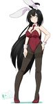  animal_ears black_hair breasts bunny_ears bunnysuit cleavage detached_collar green_eyes high_heels highres inaka_keikou large_breasts long_hair necktie original pantyhose sho_yayoi shoes solo thighband_pantyhose wrist_cuffs 