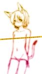  animal_ears arms_behind_back blush cat_ears cat_tail censored copyright_request flat_chest highres majima_yuki monochrome panties short_hair side-tie_panties simple_background solo tail tape_censor topless underwear white_background 