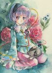  blush_stickers cat dress flower food frilled_dress frills fruit grapes hairband heart kaenbyou_rin kaenbyou_rin_(cat) komeiji_satori pink_eyes pink_hair rose short_hair solo third_eye touhou traditional_media tsuru watercolor_(medium) 