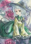  black_hat closed_eyes flower frilled_shirt_collar frilled_skirt frilled_sleeves frills green_eyes green_hair green_skirt grey_hair hat hat_ribbon heart heart_of_string komeiji_koishi long_sleeves ribbon rose shirt skirt sleeves_past_wrists solo third_eye touhou traditional_media tsuru watercolor_(medium) wide_sleeves yellow_ribbon yellow_shirt 